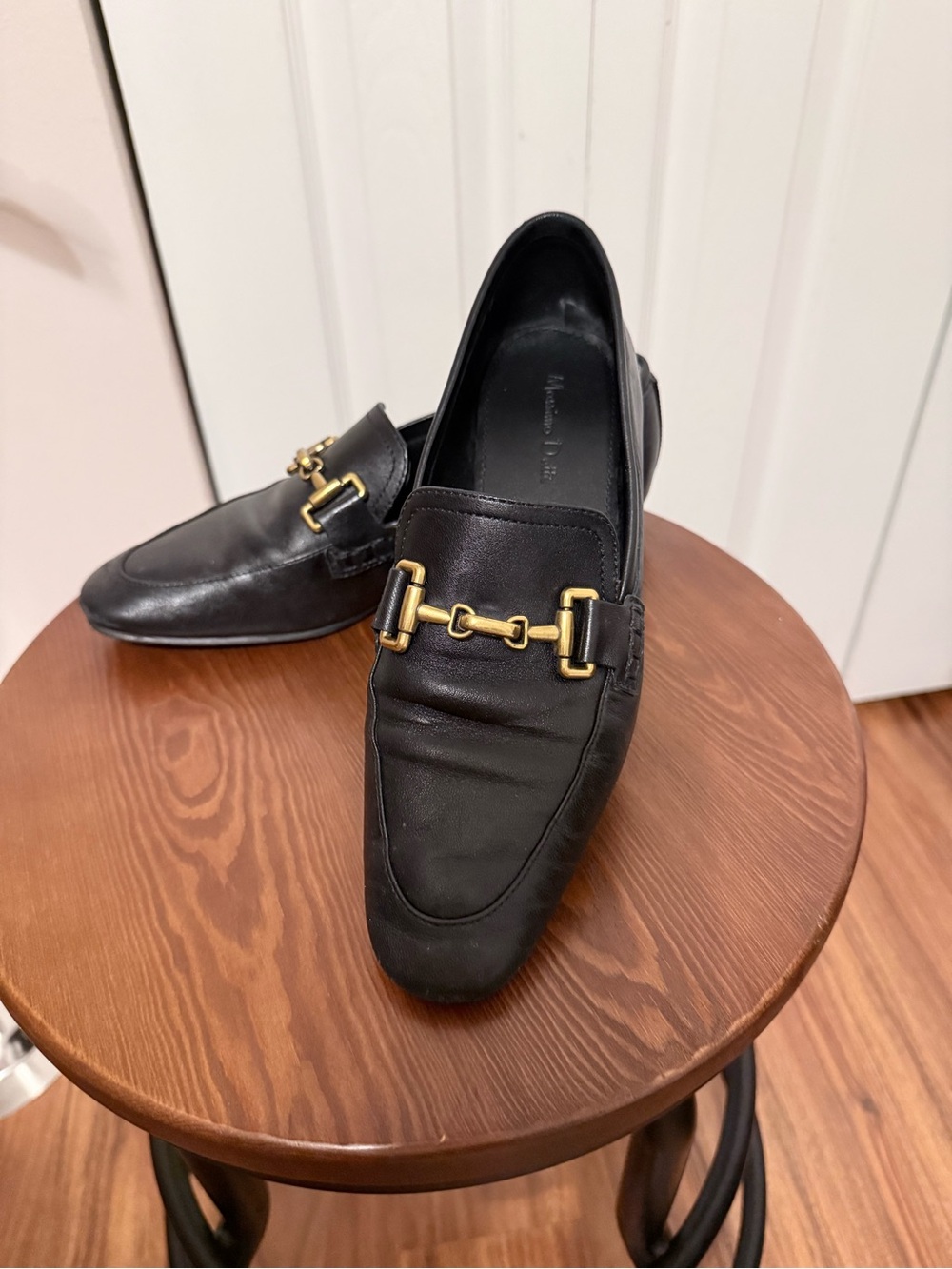 Massimo dutti womens Black Leather Slip-On Loafers with Gold Bit Hardware